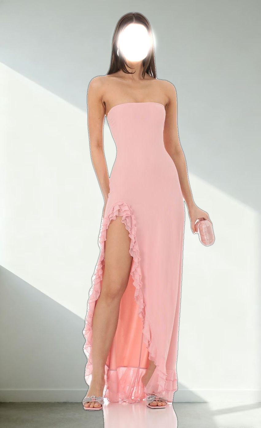 Strapless Mesh Ruffle Maxi Dress in Pink