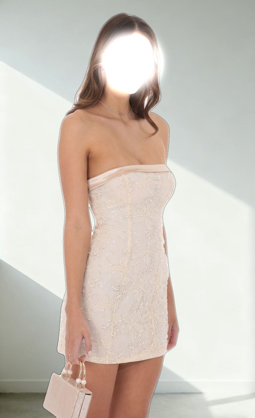 Strapless Floral Shimmer Sequin Dress in Cream