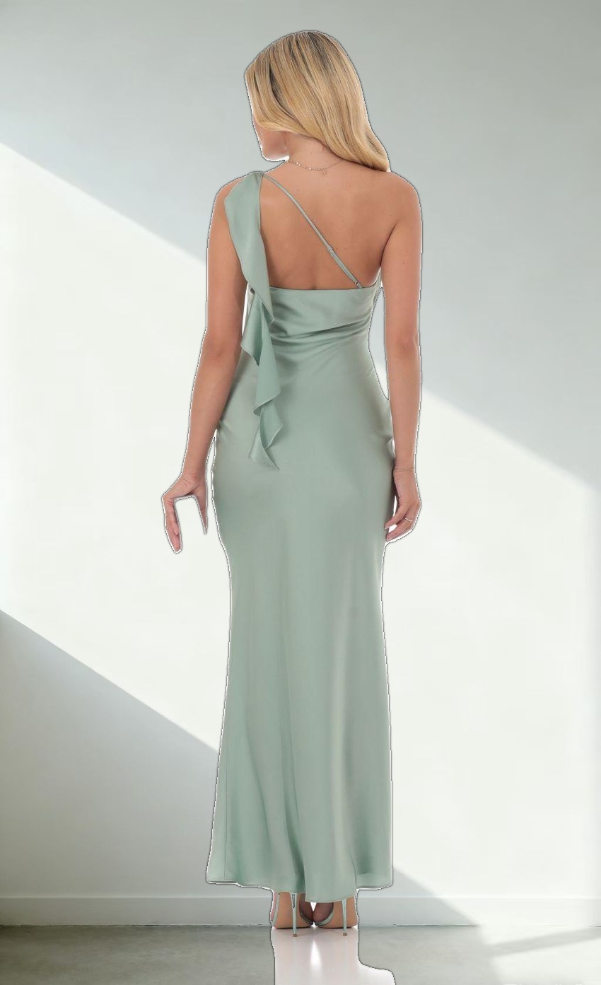 Satin One Shoulder Tassel Maxi Dress in Sage