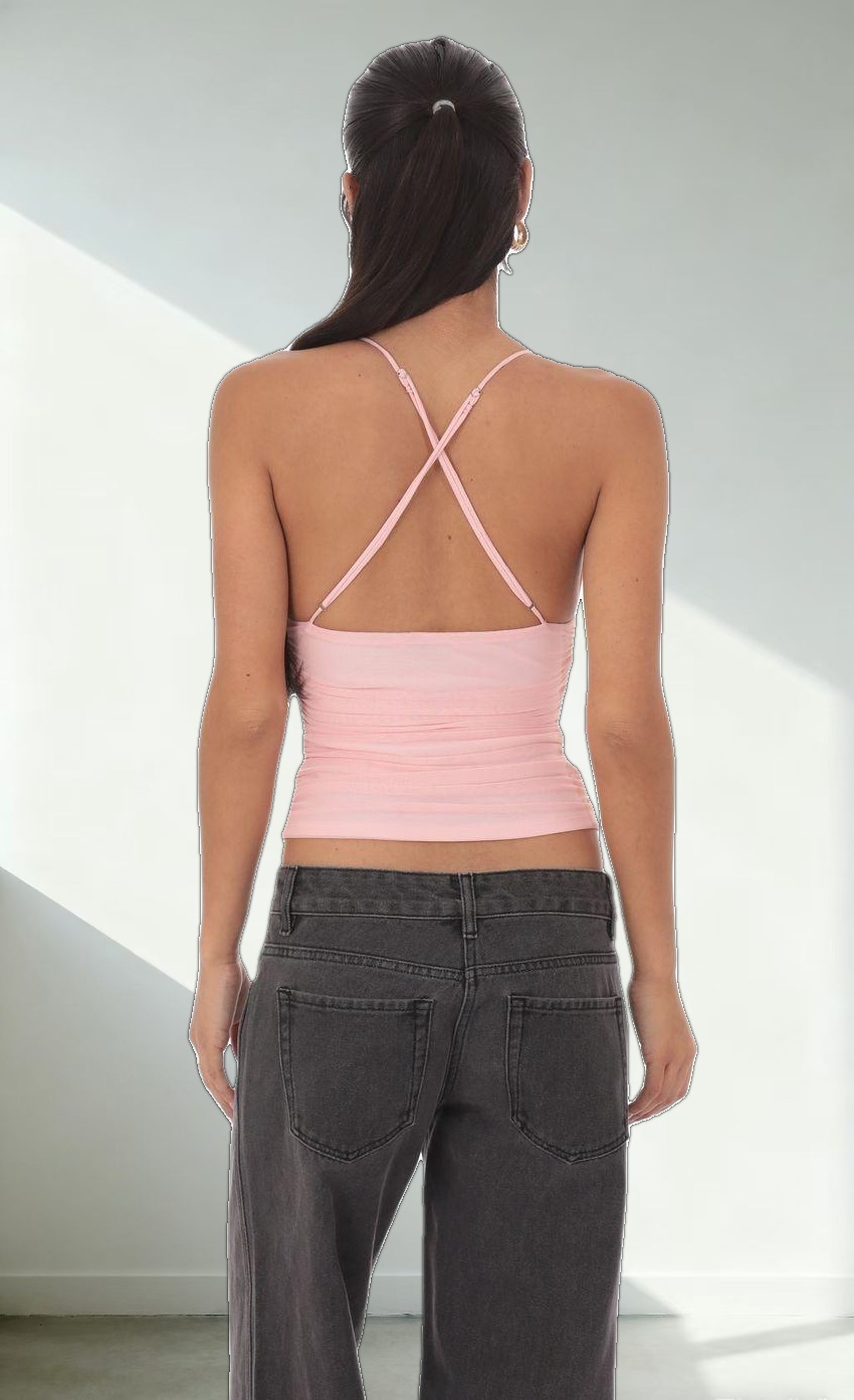 Mesh V-Neck Top in Pink