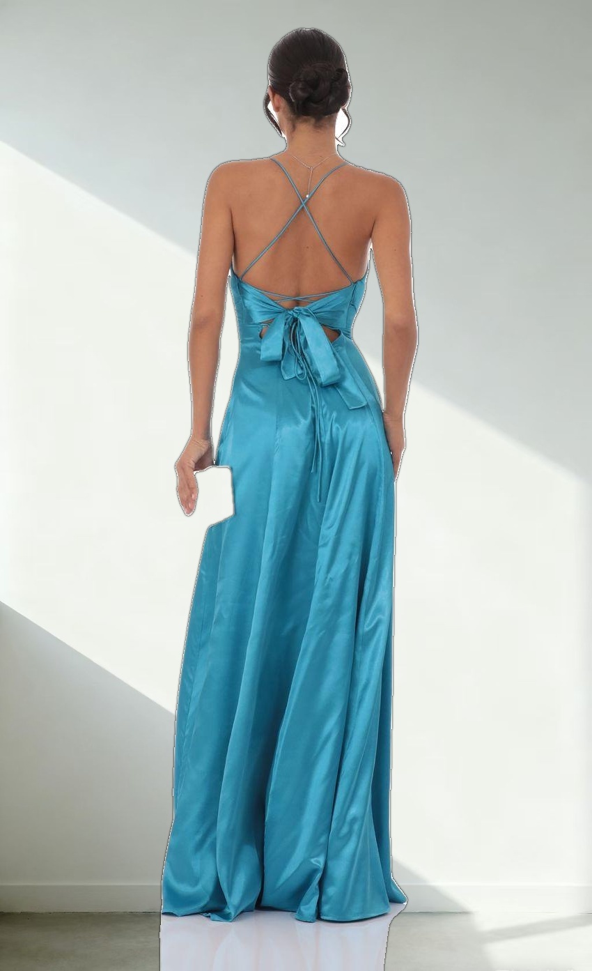 Satin Draped Maxi Dress in Aqua Blue