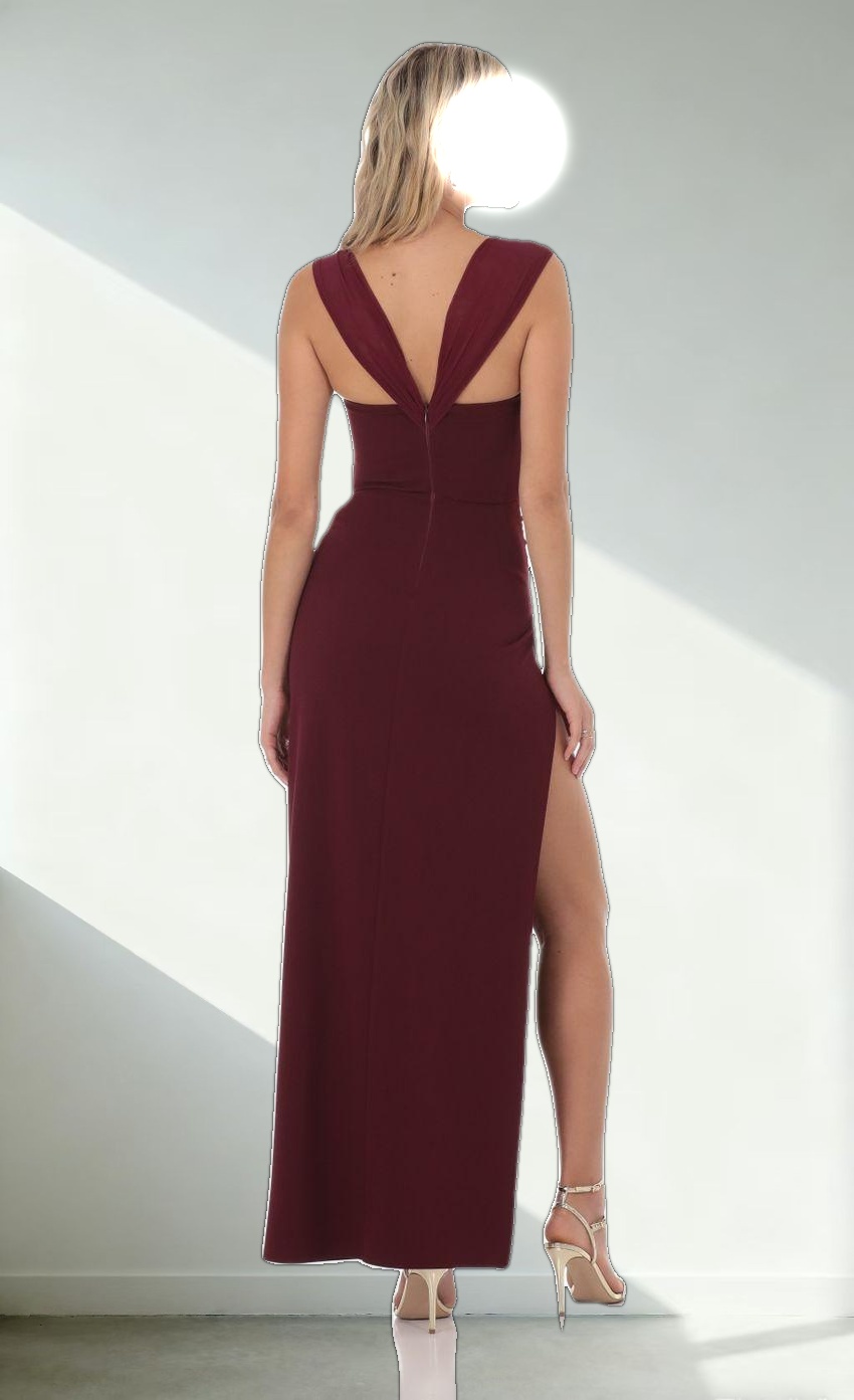Mesh Draped Corset Maxi Dress in Burgundy
