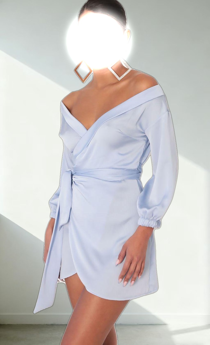 Lorella Off Shoulder Wrap Dress in Dusty Blue