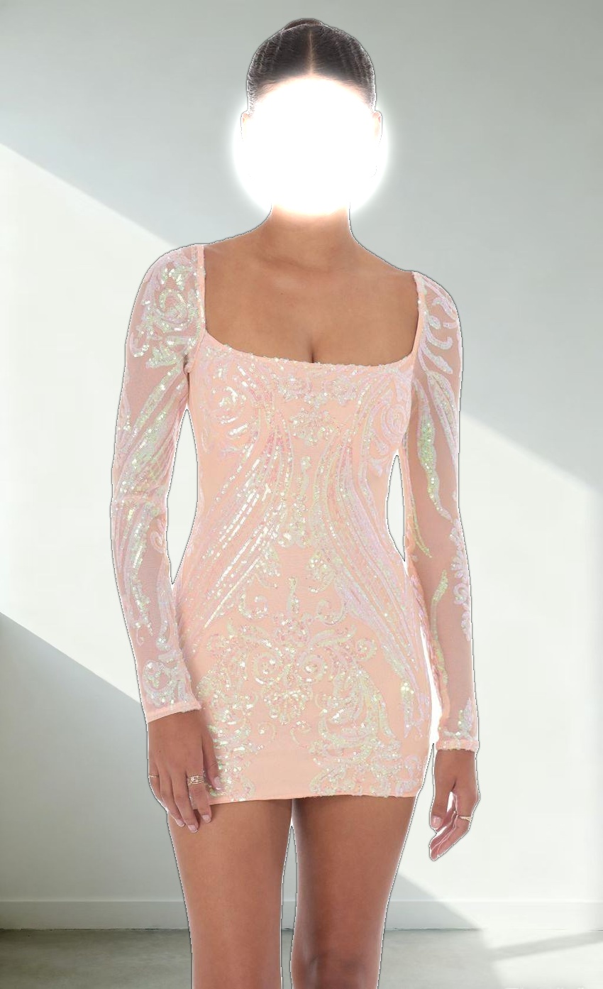 Iridescent Sequin Long Sleeve Dress in Peach