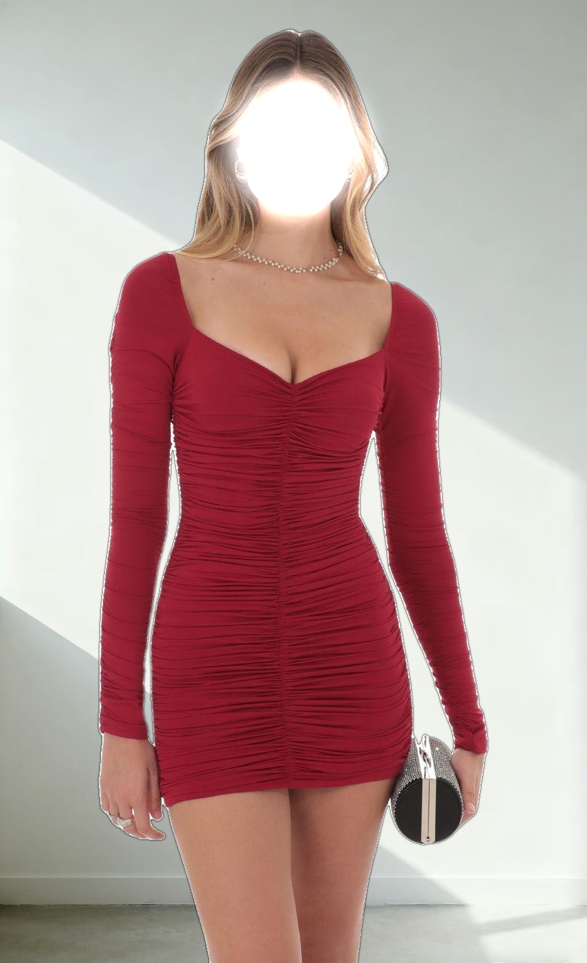 Ruched Long Sleeve Bodycon Dress in Maroon