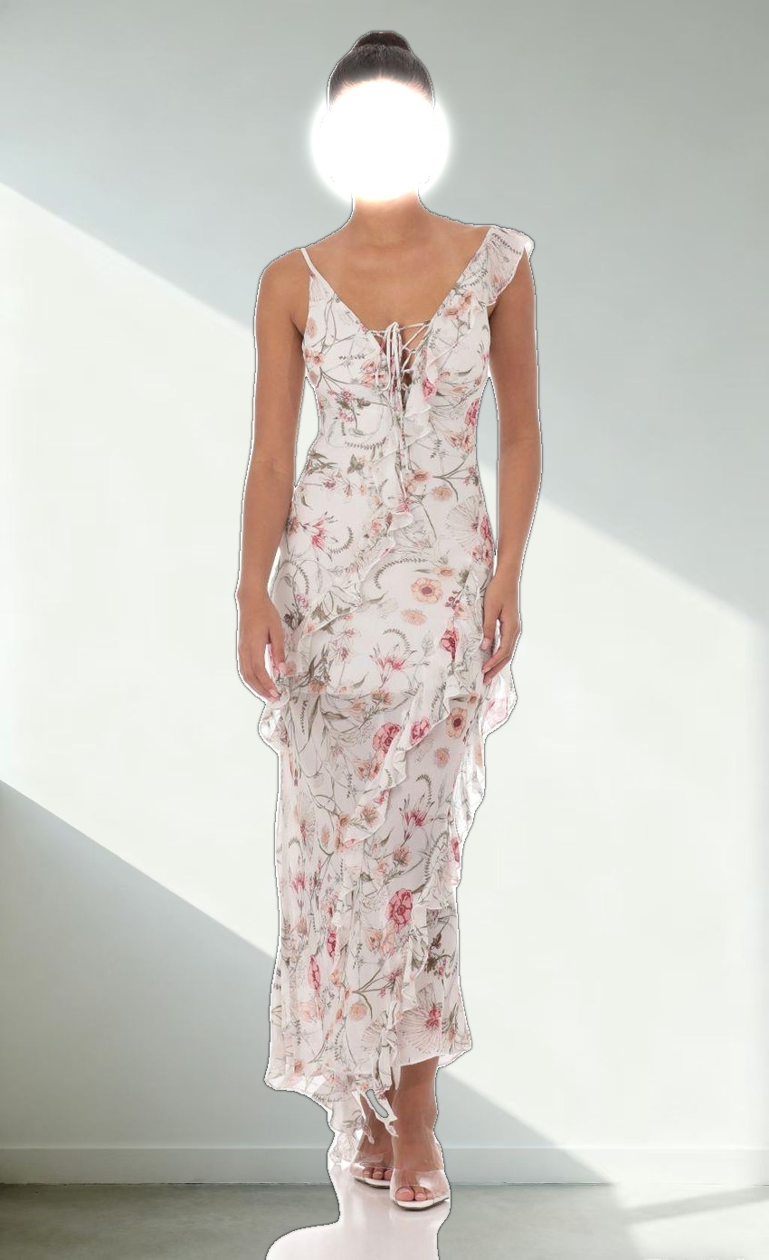 Floral Chiffon Ruffle Maxi Dress in White