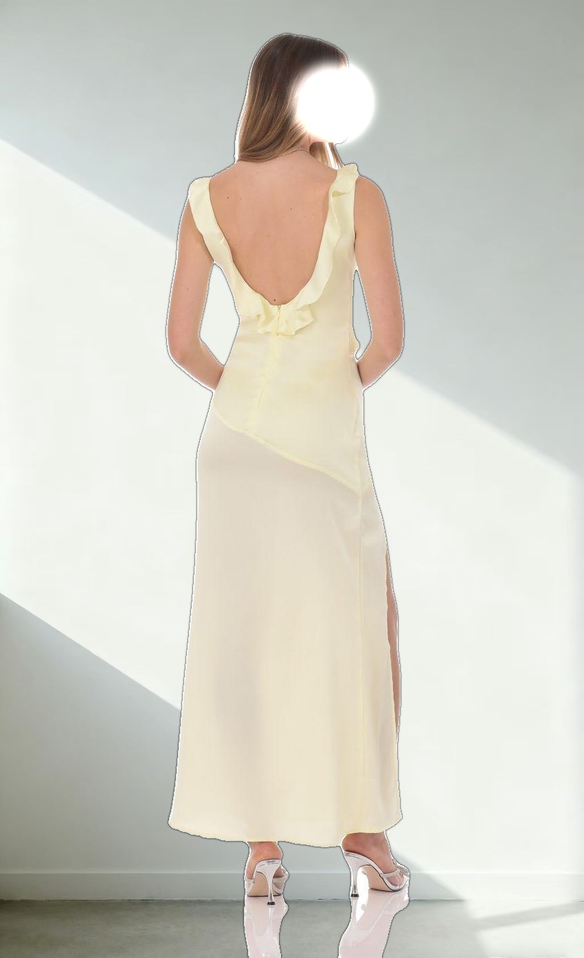 Satin V-Neck Open Back Maxi Dress in Pastel Yellow