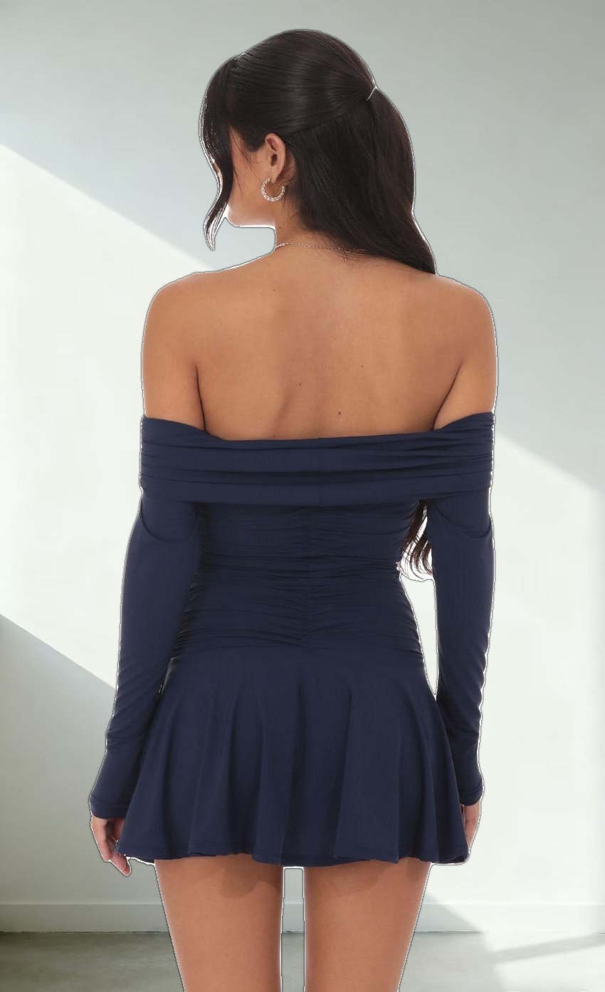 Off Shoulder Ruched Flare Dress in Navy