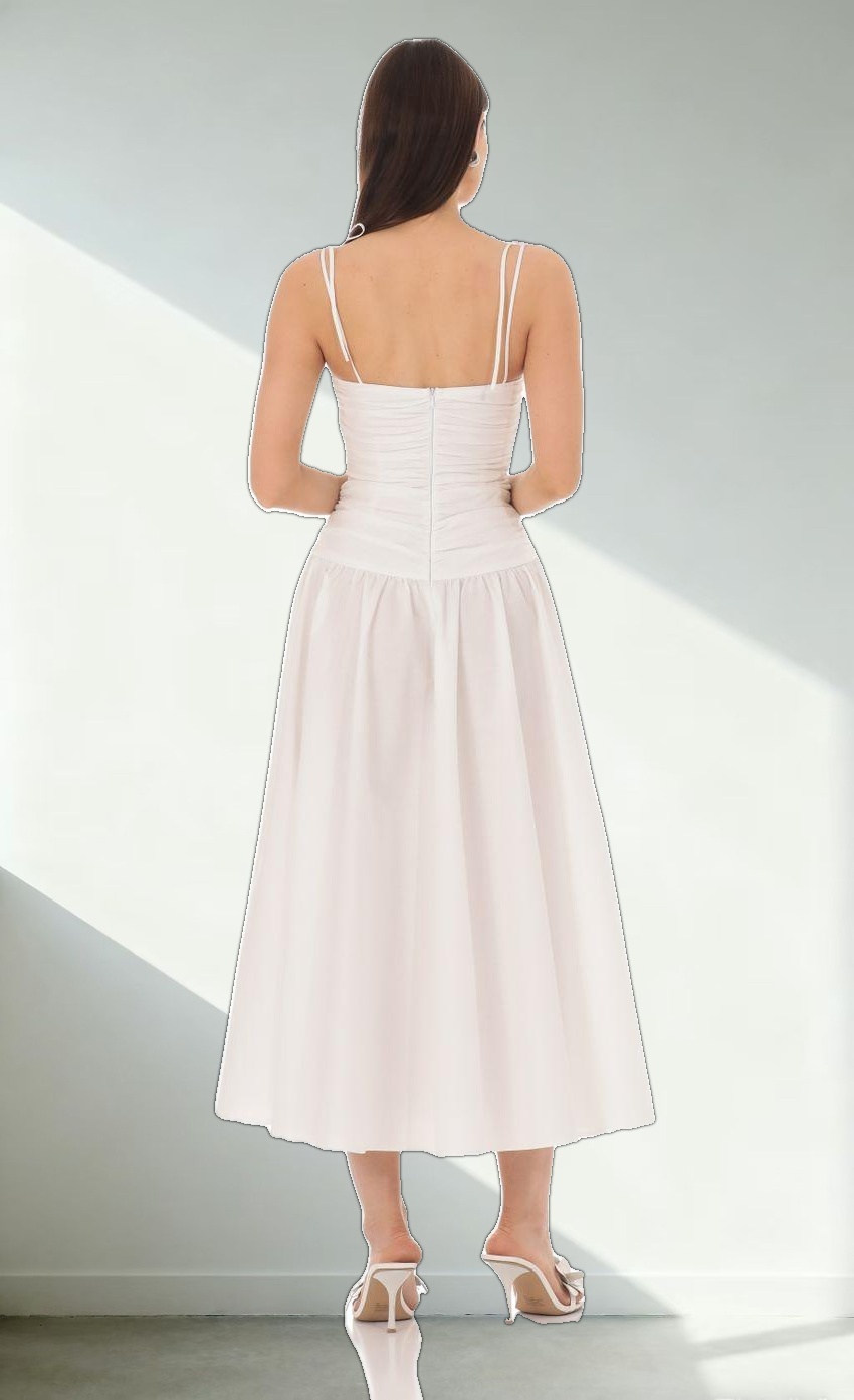 Ruched Square Neck Midi Dress in White