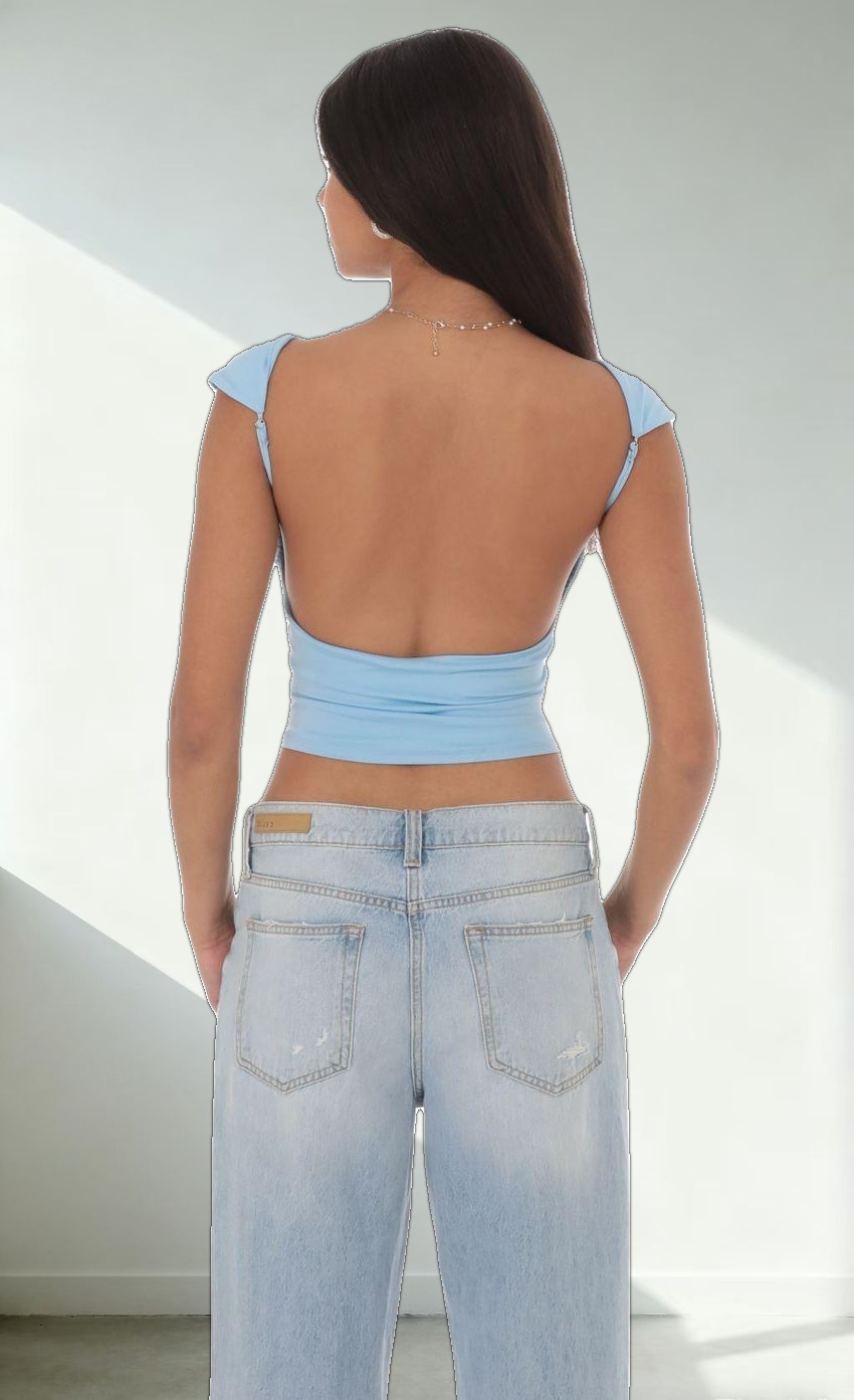High Neck Open Back Top in Light Blue