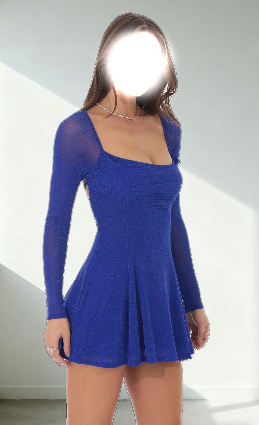 Shimmer Draped Fit and Flare Dress in Blue