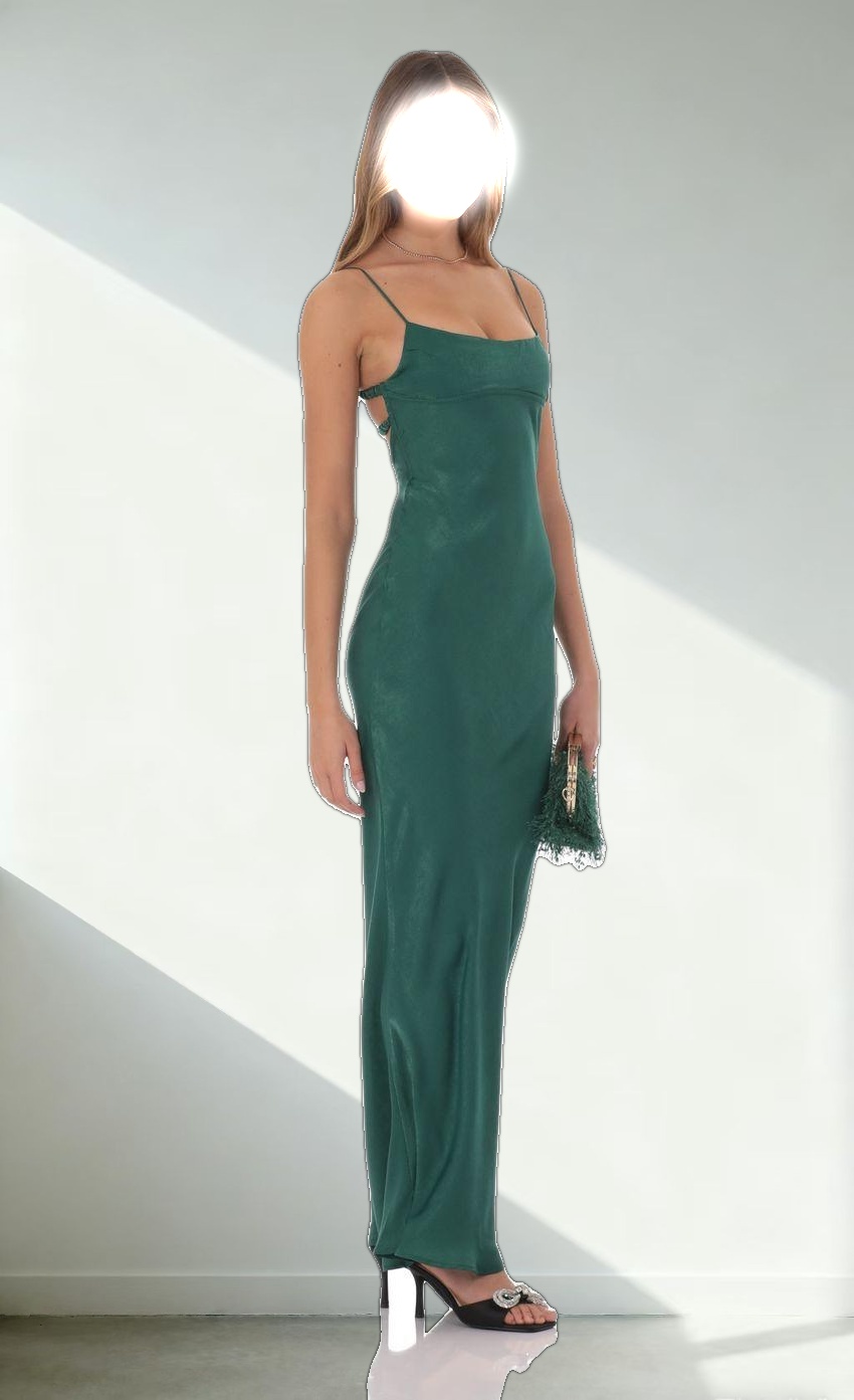 Satin Open Back Maxi Dress in Green