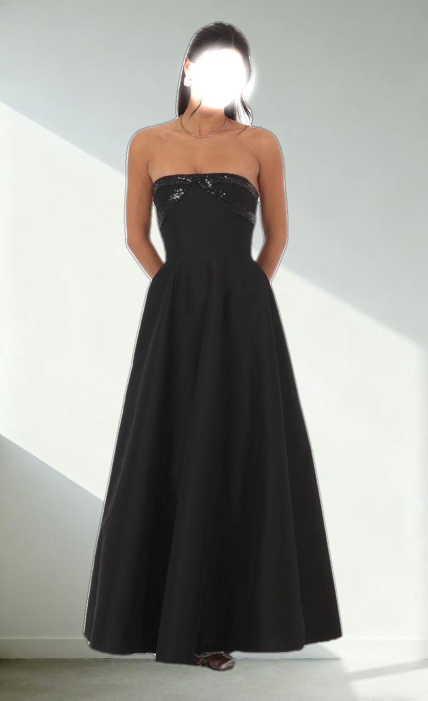 Sequin Draped Strapless Gown in Black
