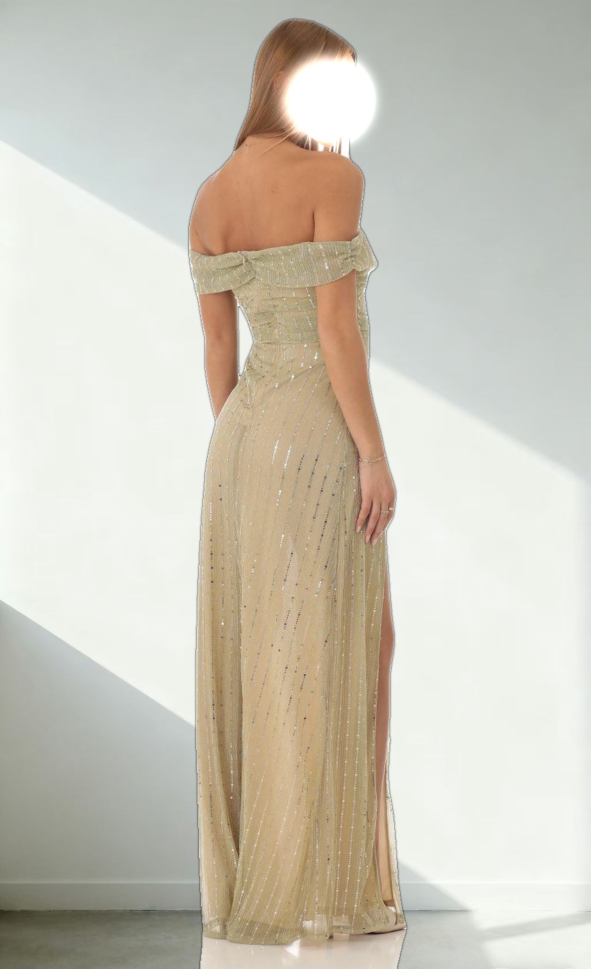 Sequin Striped Off The Shoulder Maxi Dress in Gold