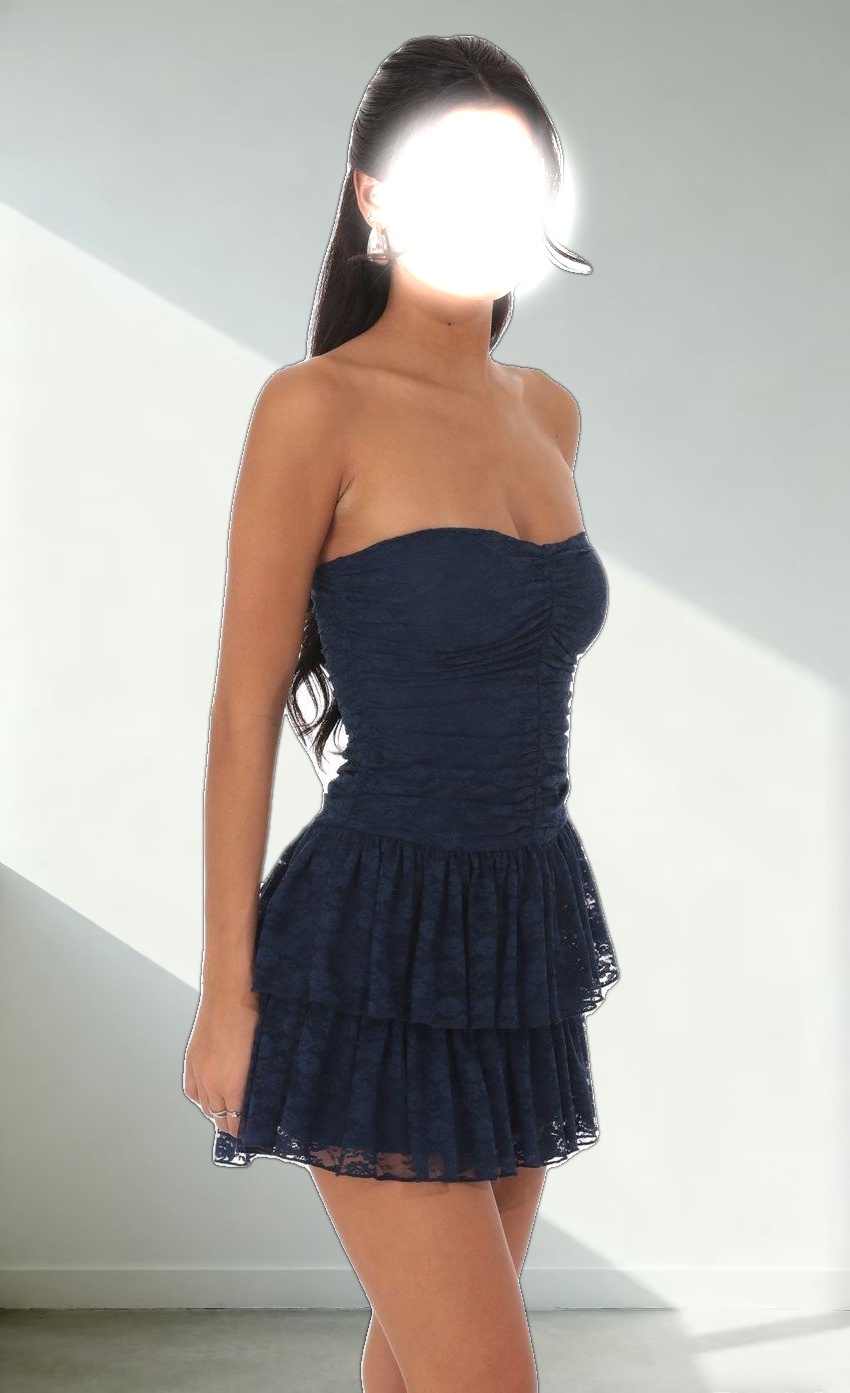 Lace Strapless Ruched Ruffle Dress in Navy