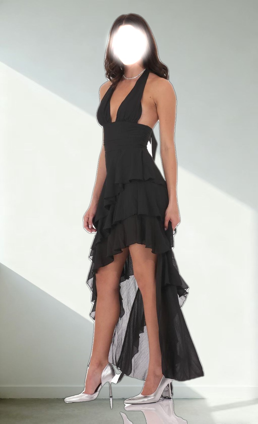 Asymmetrical Ruffle Maxi Dress in Black