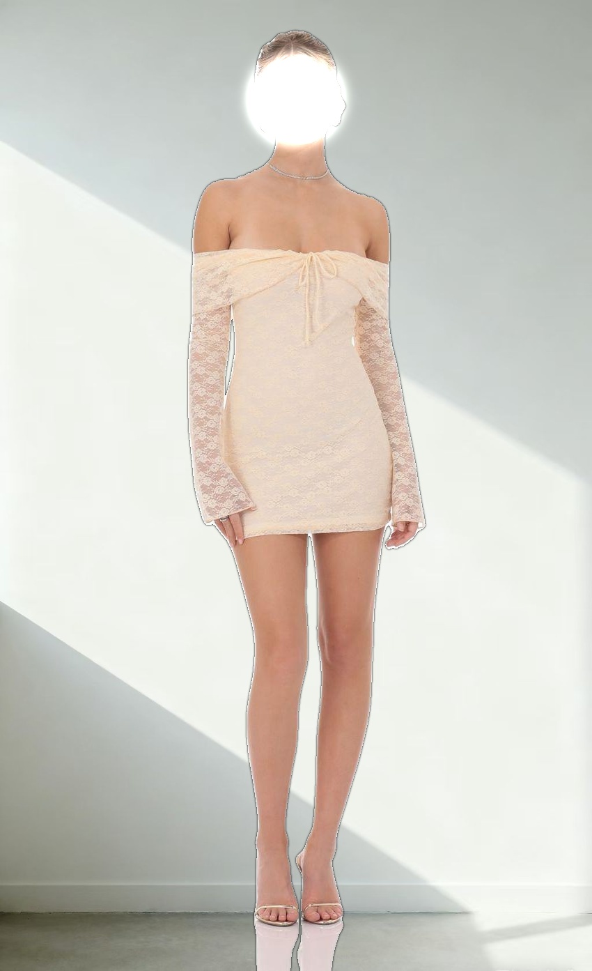 Lace Draped Off Shoulder Dress in Pastel Peach