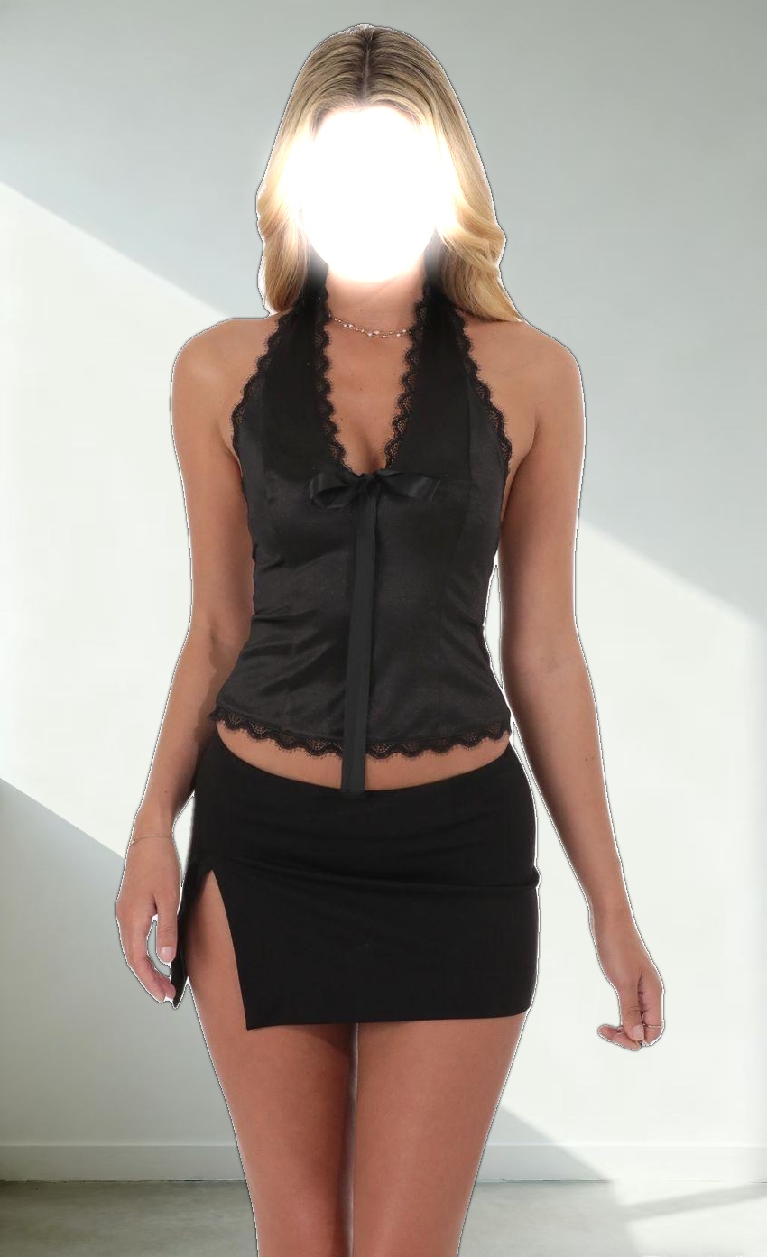 Satin Plunge Neck Top in Black