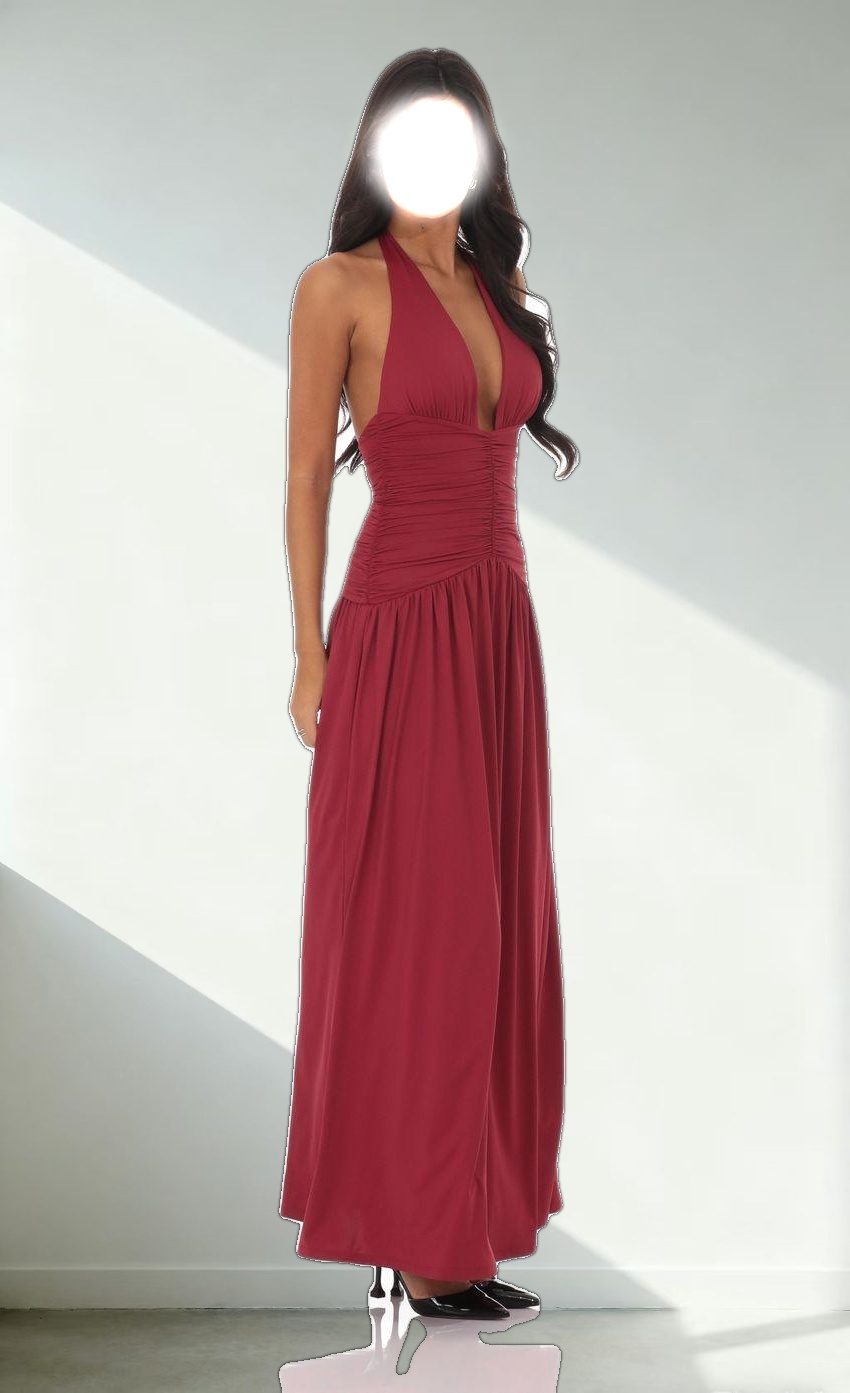 Halter Ruched Cinched Maxi Dress in Maroon