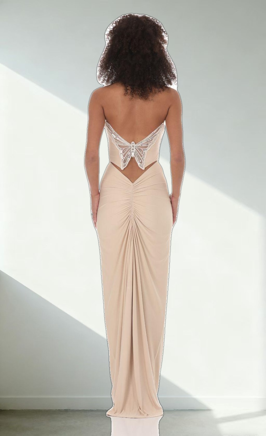 Strapless Corset Sequin Butterfly Maxi Dress in Beige