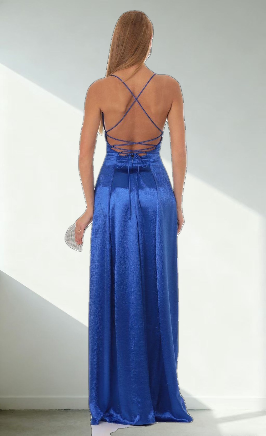 Satin Slit Maxi Dress in Blue