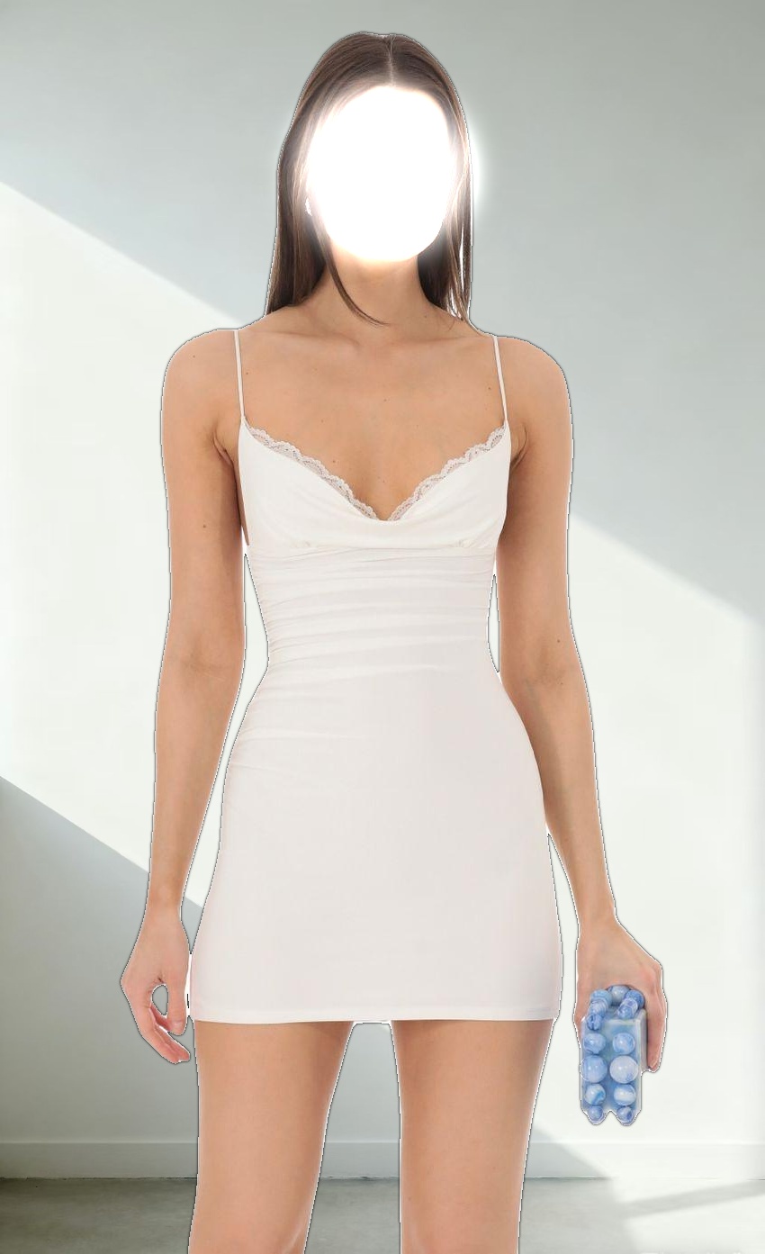 Lace Cowl Neck Bodycon Dress in White