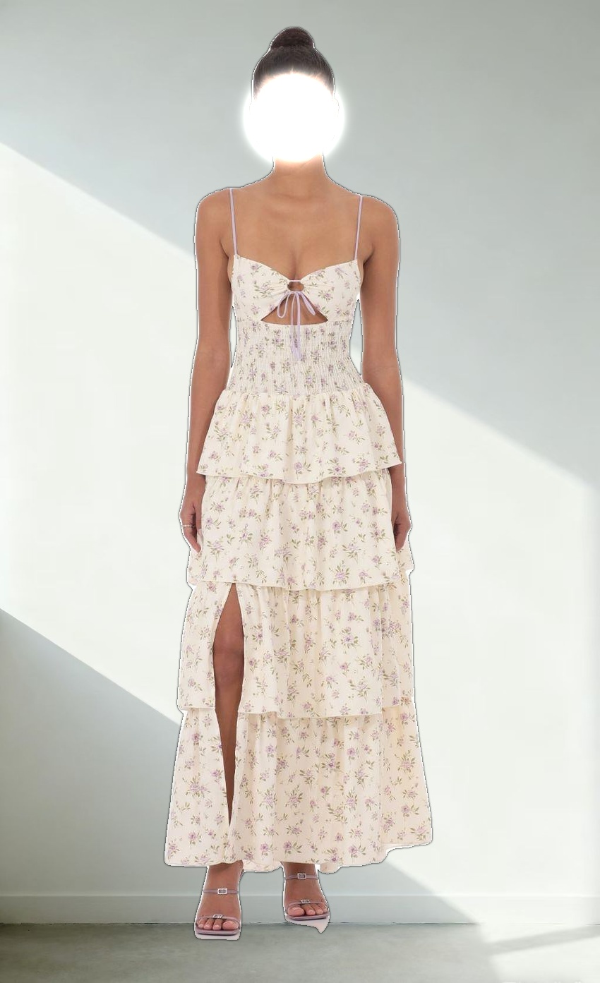 Floral Cutout Ruffle Maxi Dress in Cream