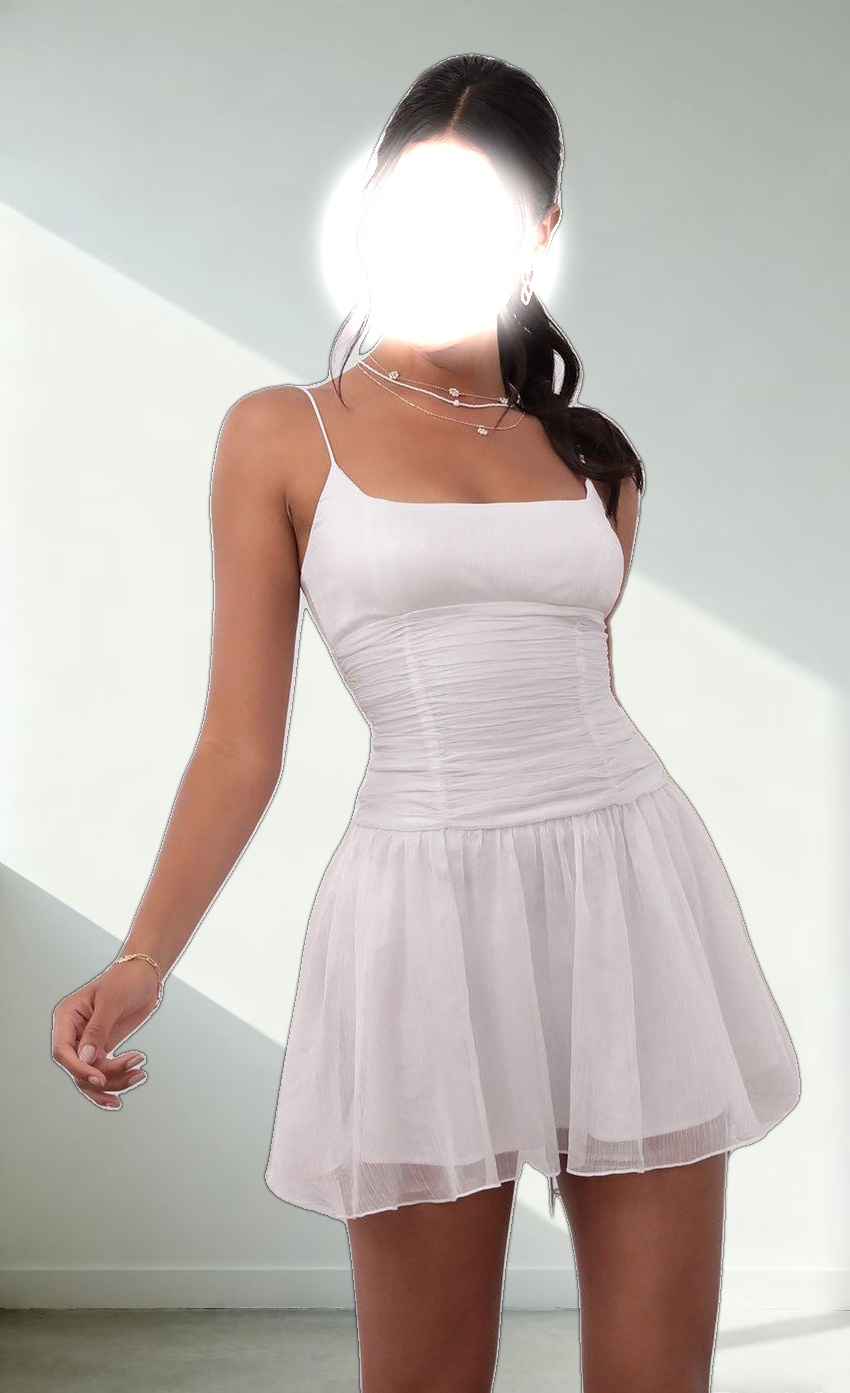 Ruched Waist Chiffon Dress in White