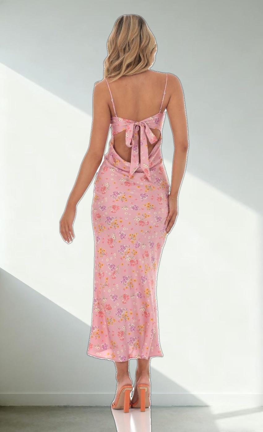 Satin Floral Open Back Maxi Dress in Pink