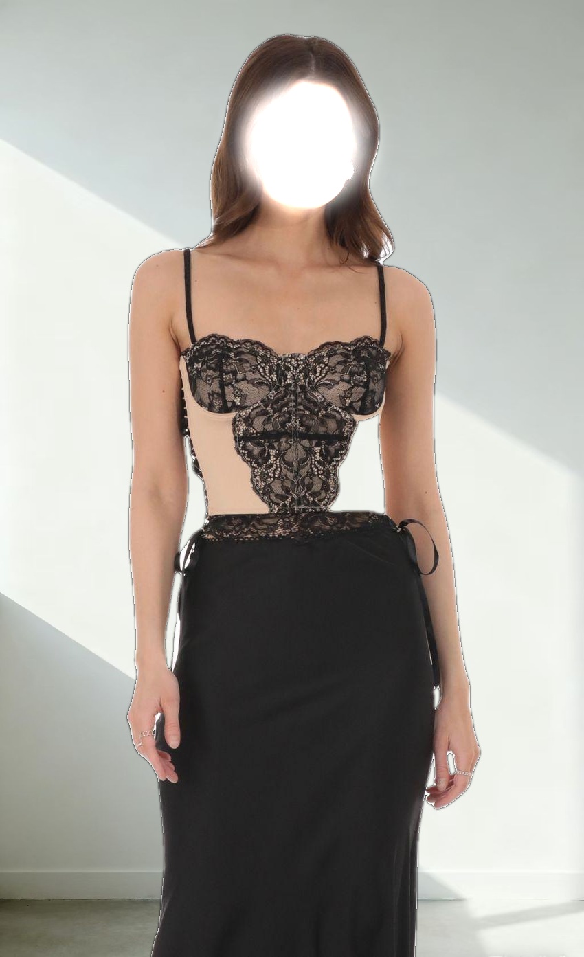 Black Lace Ribbon Top in Tan