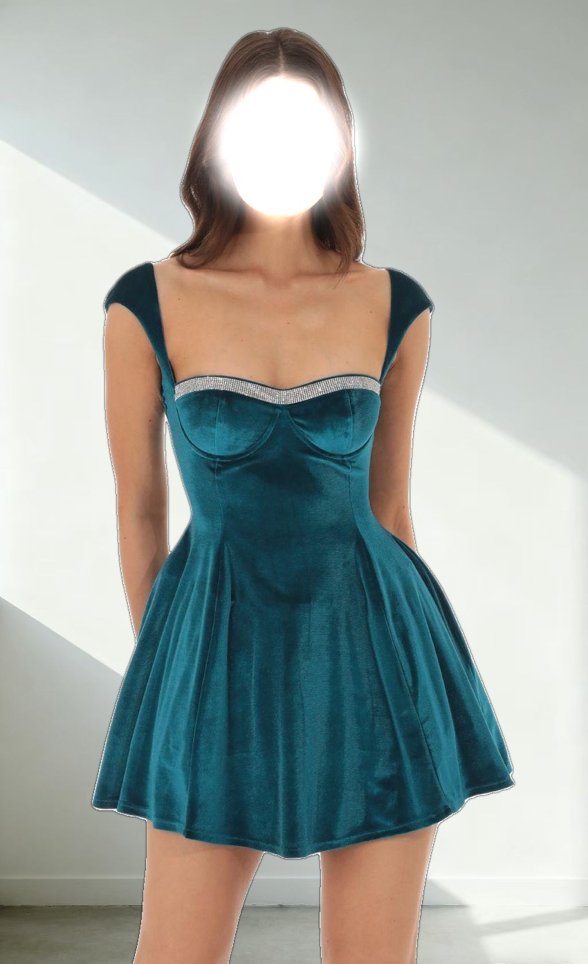 Rhinestone Velvet Puff Dress in Blue