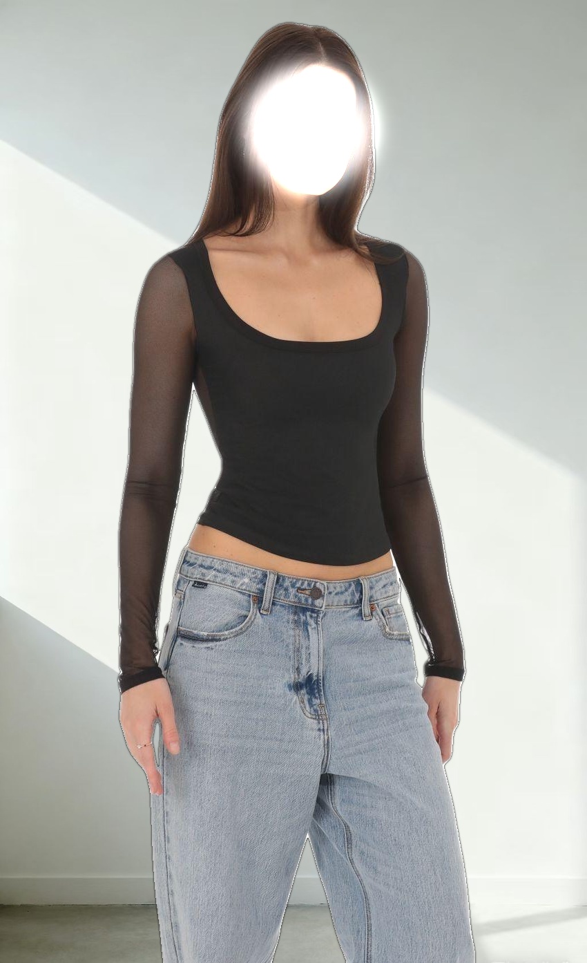 Mesh Scoop Long Sleeve Top in Black