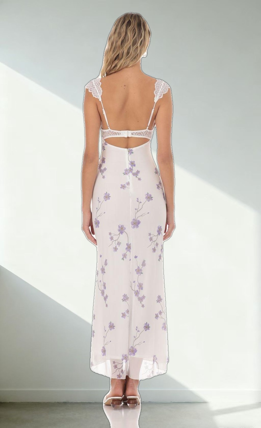 Lace Cutout Floral Maxi Dress in White