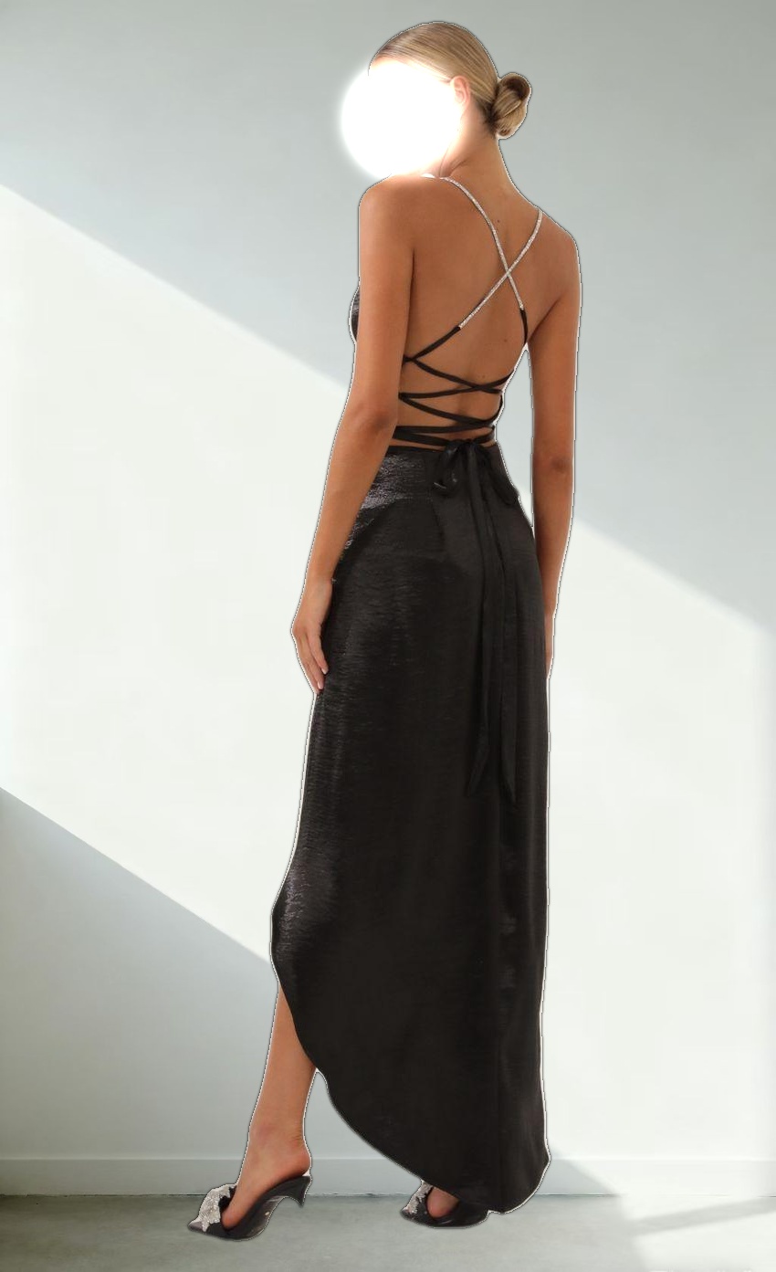 Satin Luxe Rhinestone Strap Maxi Dress in Black