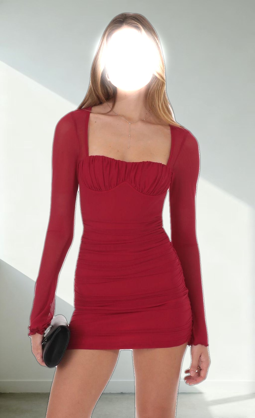 Mesh Long Sleeve Dress in Red
