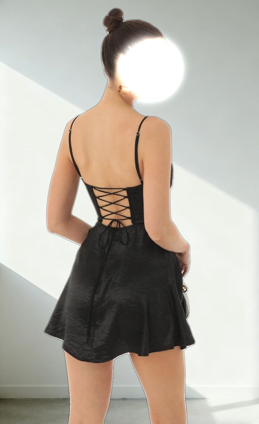 Satin Corset Fit and Flare Dress in Black
