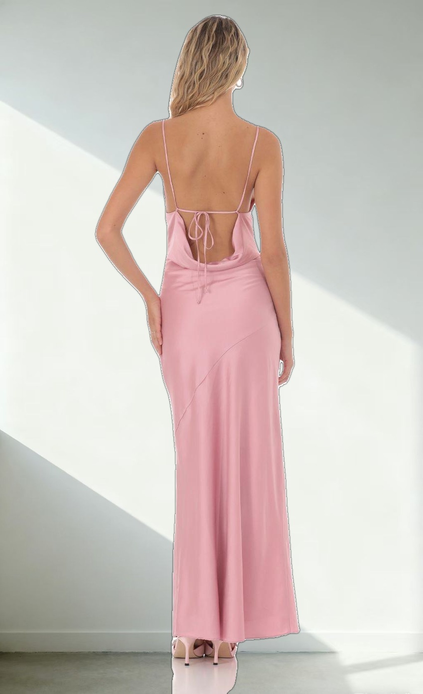Satin Asymmetrical Cowl Neck Maxi Dress in Pink