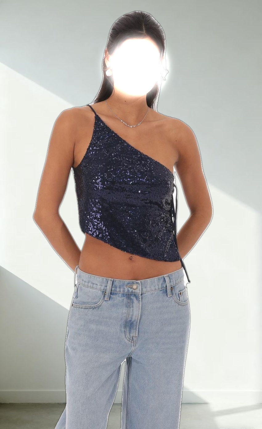 Sequin One Shoulder Tie Top in Navy