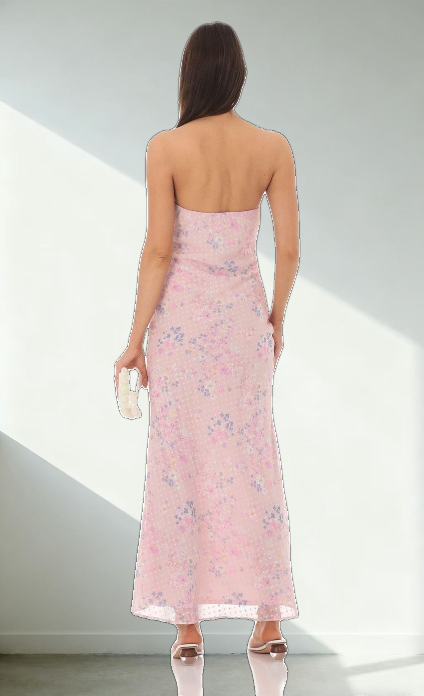 Dotted Floral Strapless Maxi Dress in Pink