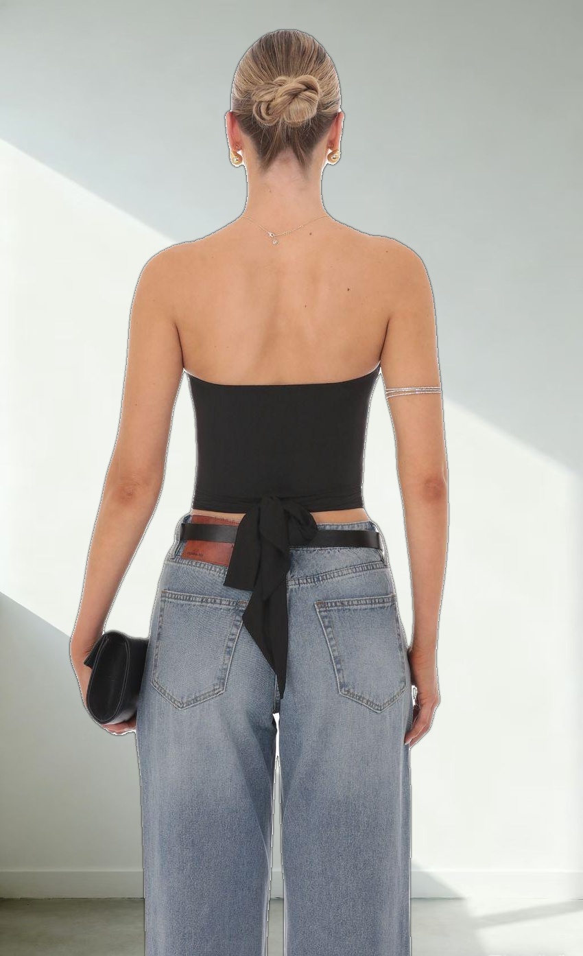 Mesh Cutout Strapless Top in Black