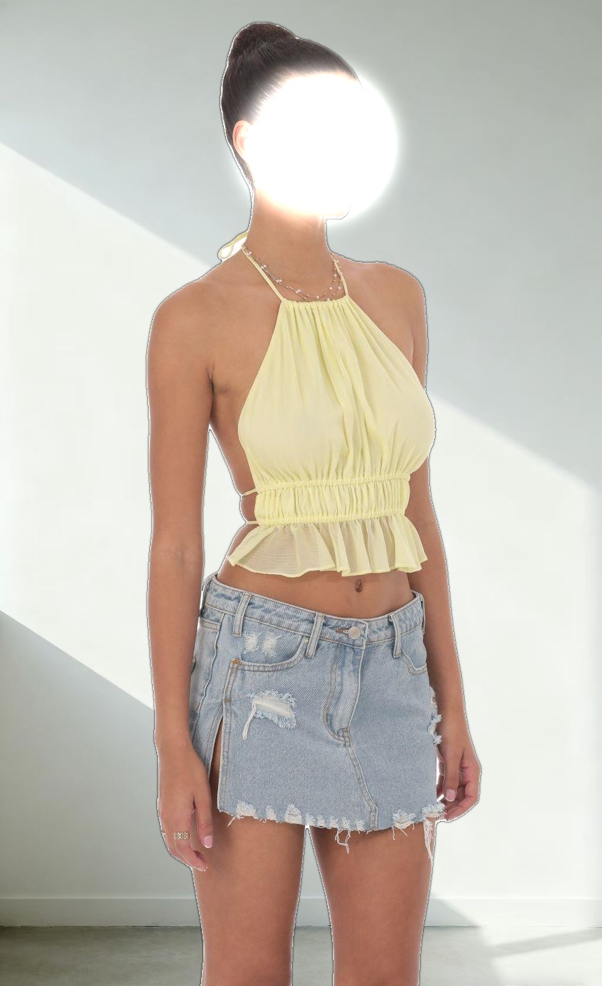 Shimmer Halter Open Back Top in Yellow