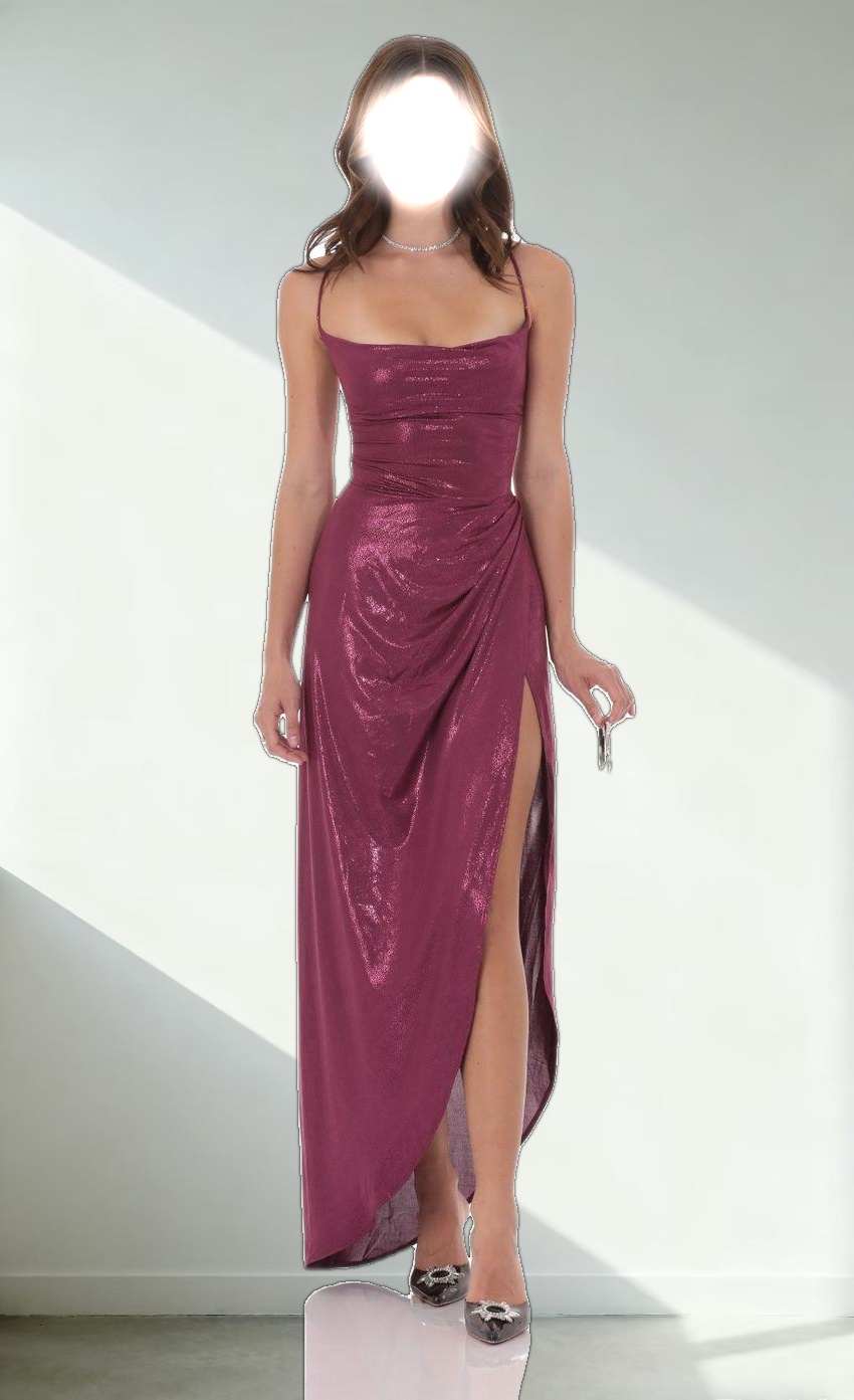 Foiled Asymmetrical Maxi Dress in Plum