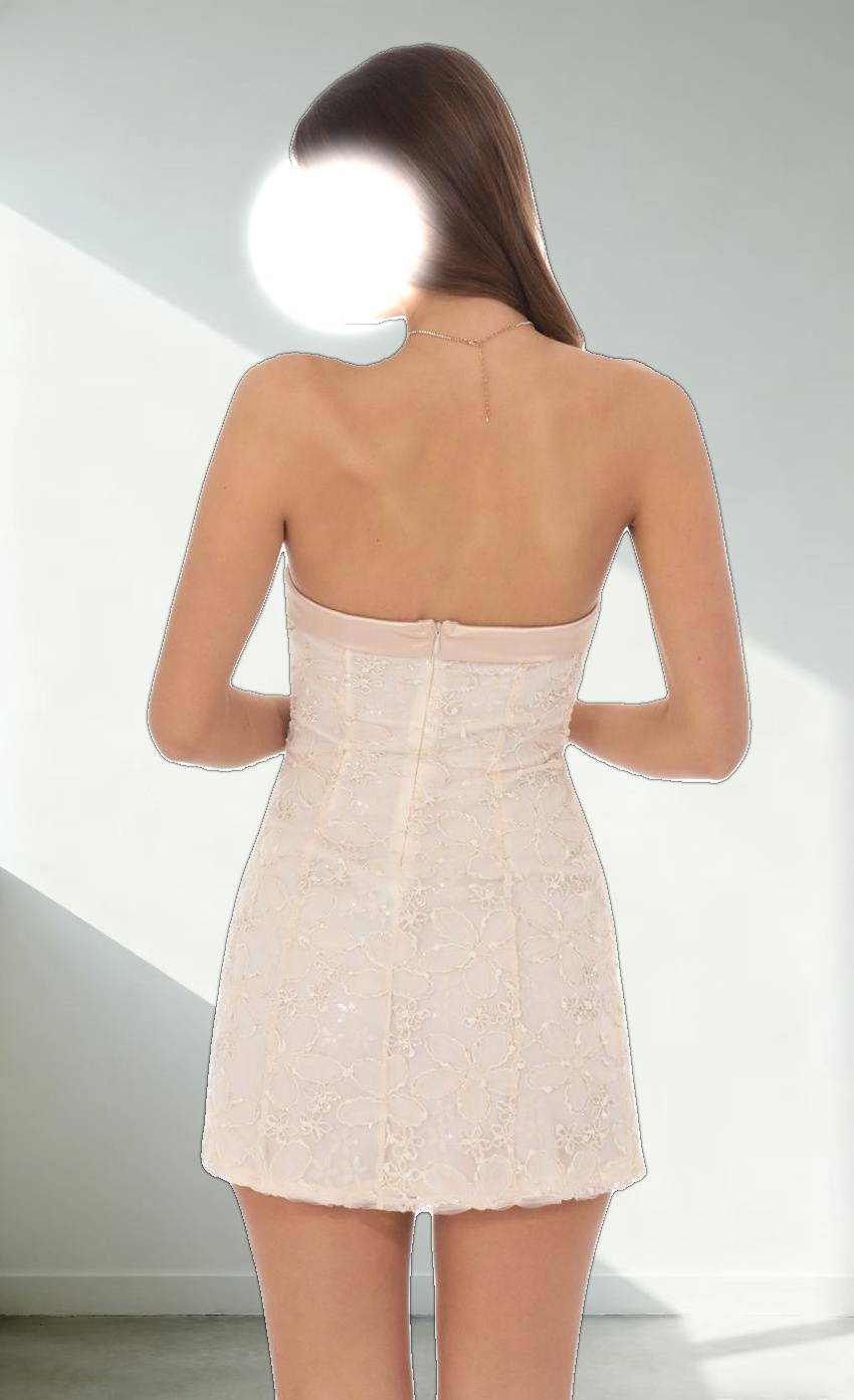 Strapless Floral Shimmer Sequin Dress in Cream