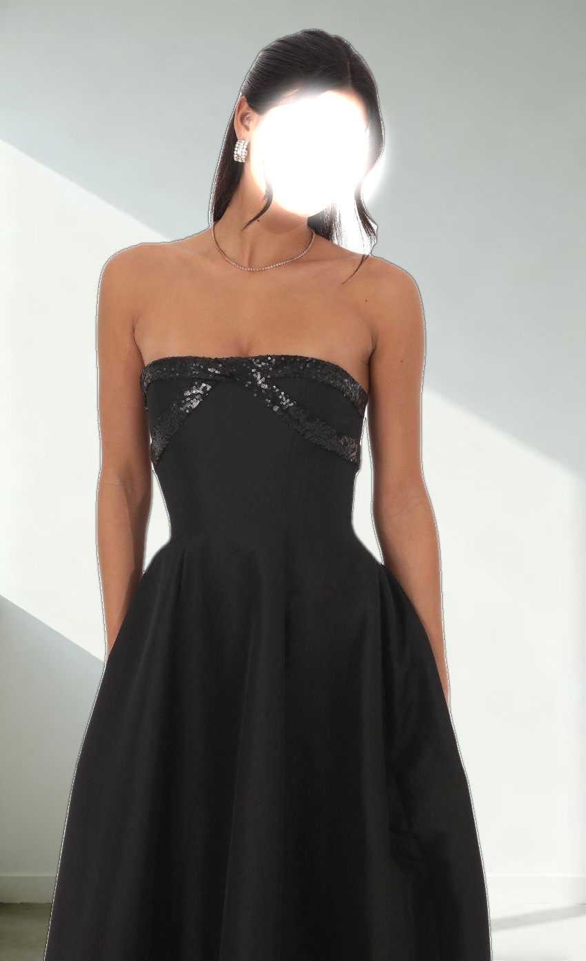 Sequin Draped Strapless Gown in Black