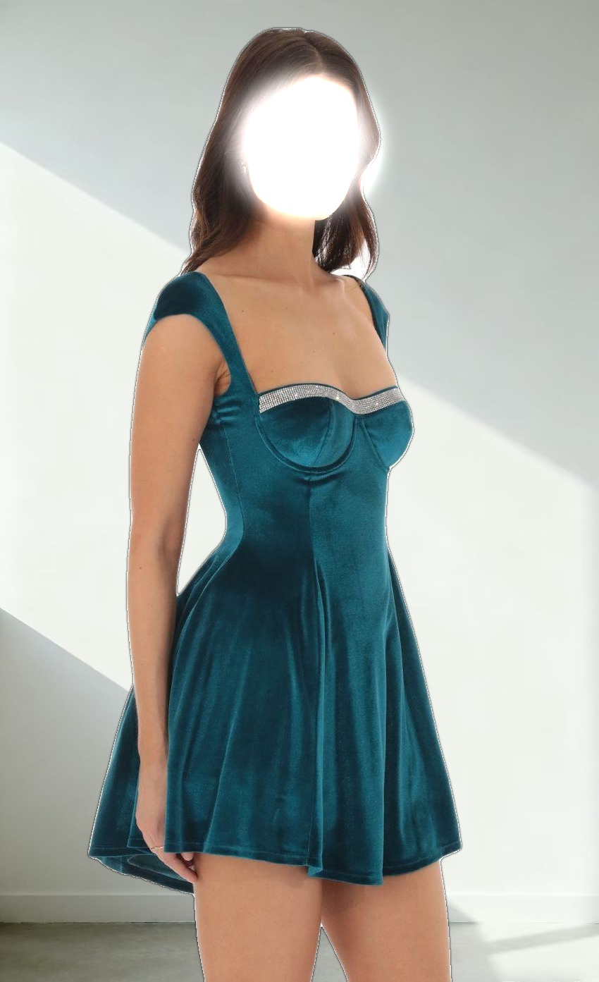 Rhinestone Velvet Puff Dress in Blue