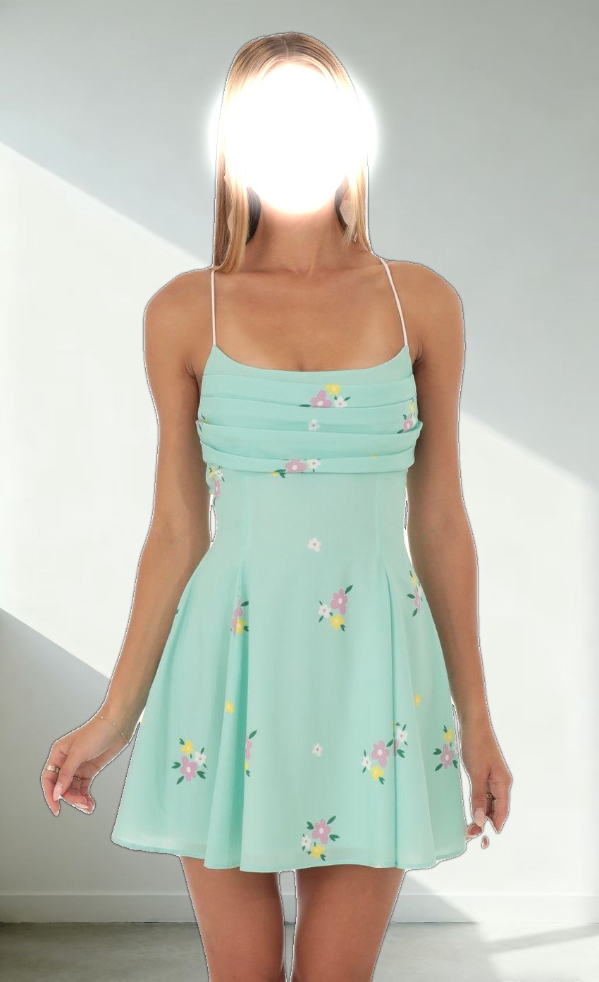 Draped A-Line Dress in Mint Floral Print