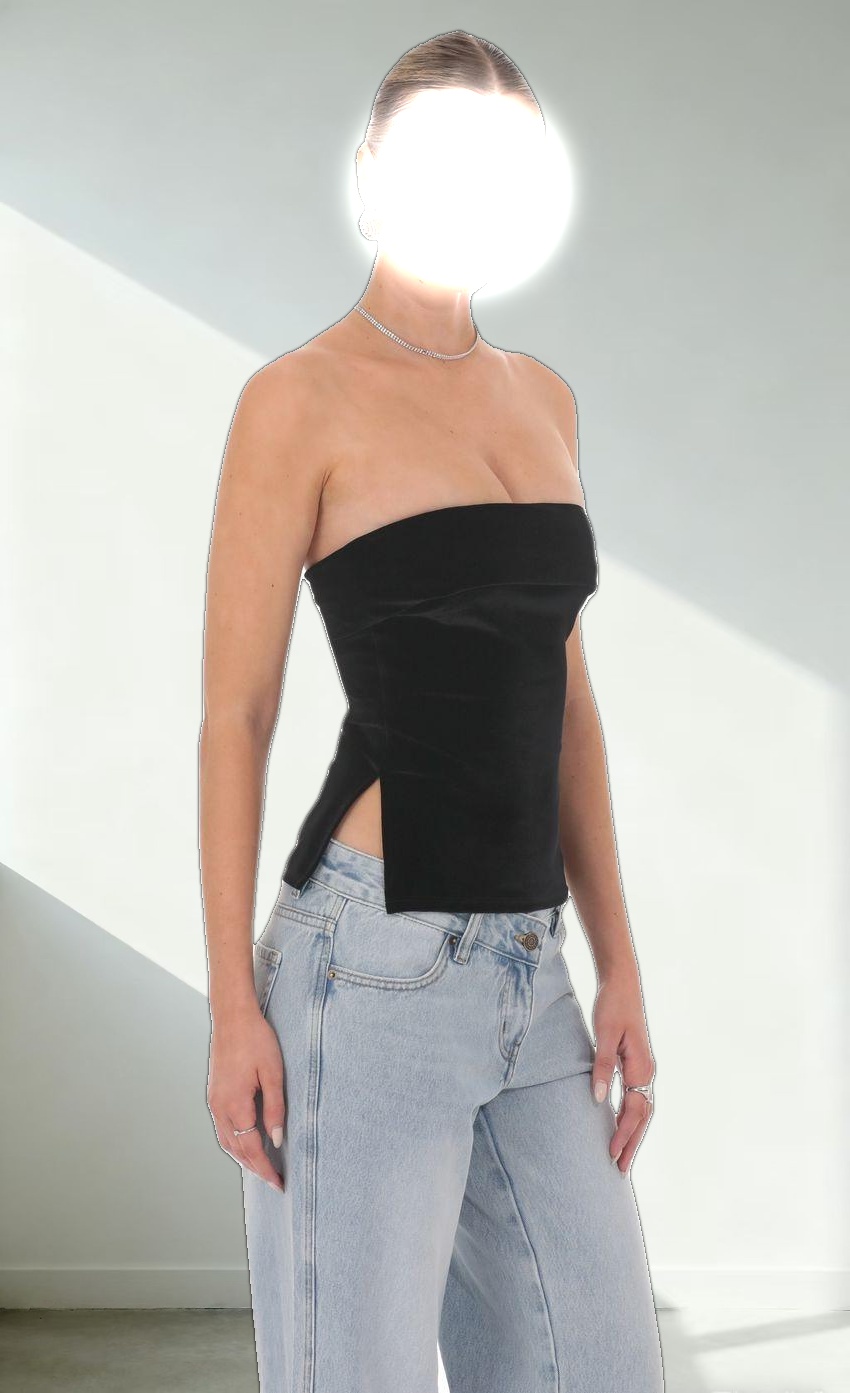 Velvet Strapless Slit Top in Black