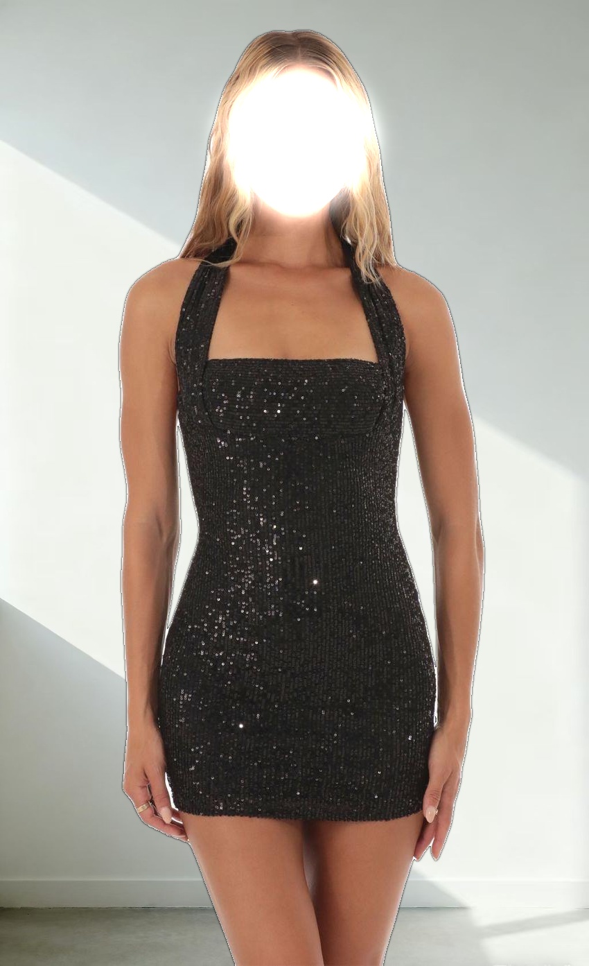 Sequin Striped Halter Dress in Black