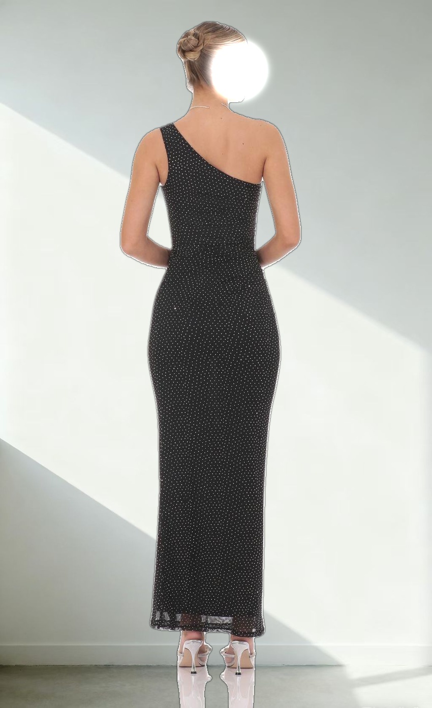 One Shoulder Rhinestone Maxi Dress in Black
