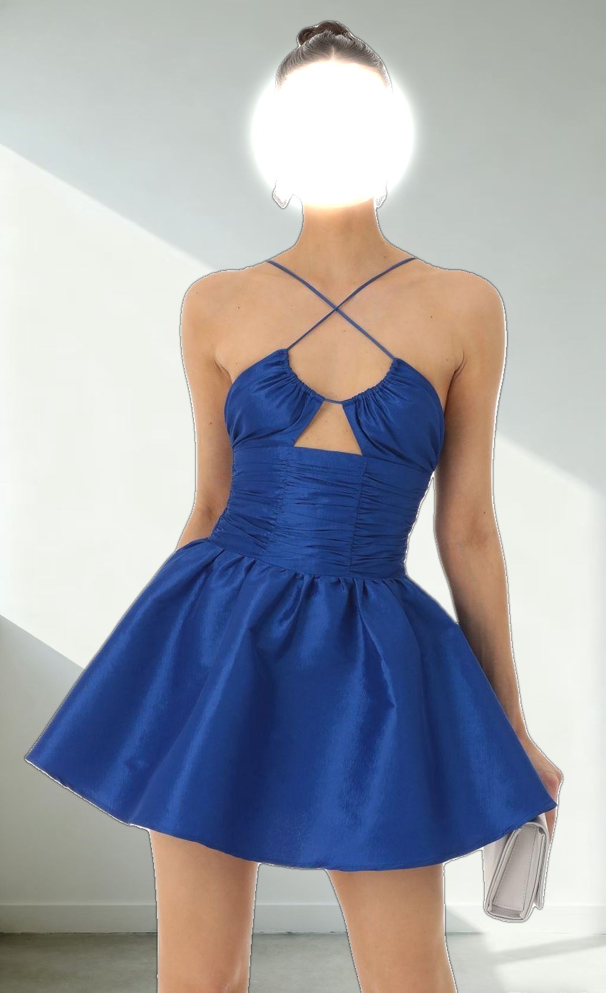 Satin Ruched Front Cross Dress in Blue